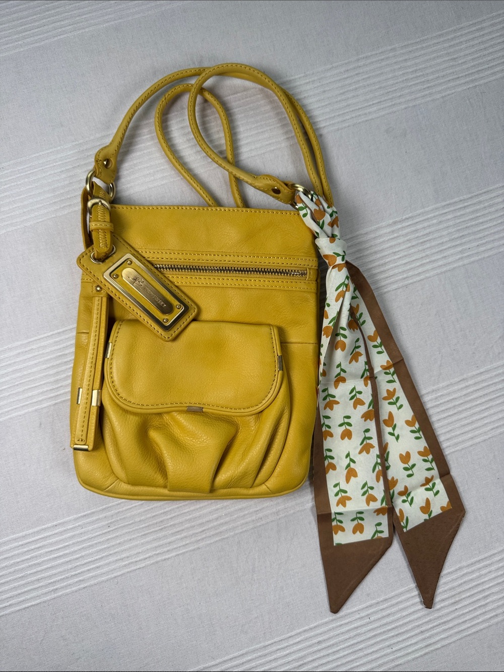 B. Makowsky Mustard Yellow Leather Crossbody with Scarf Tie